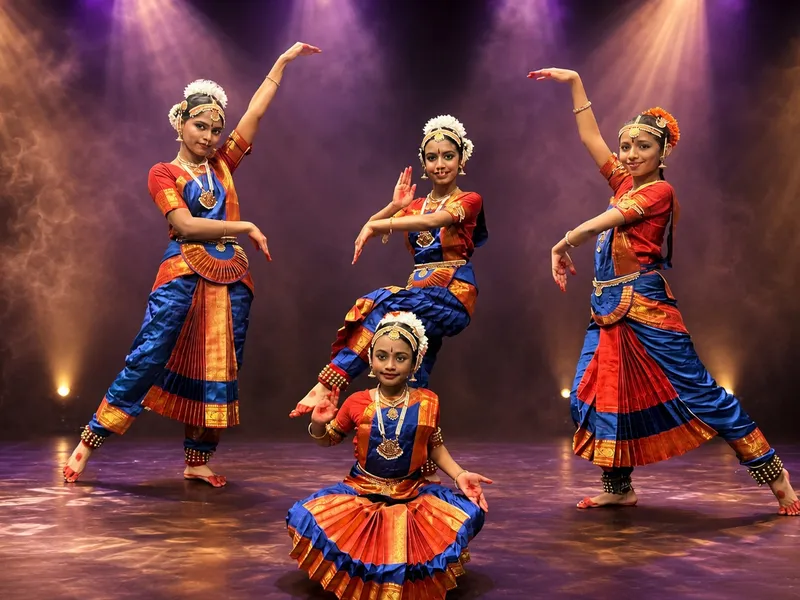 Bharatanatyam dancers performing in a group formation at Spotlight Academy, Spring & The Woodlands TX