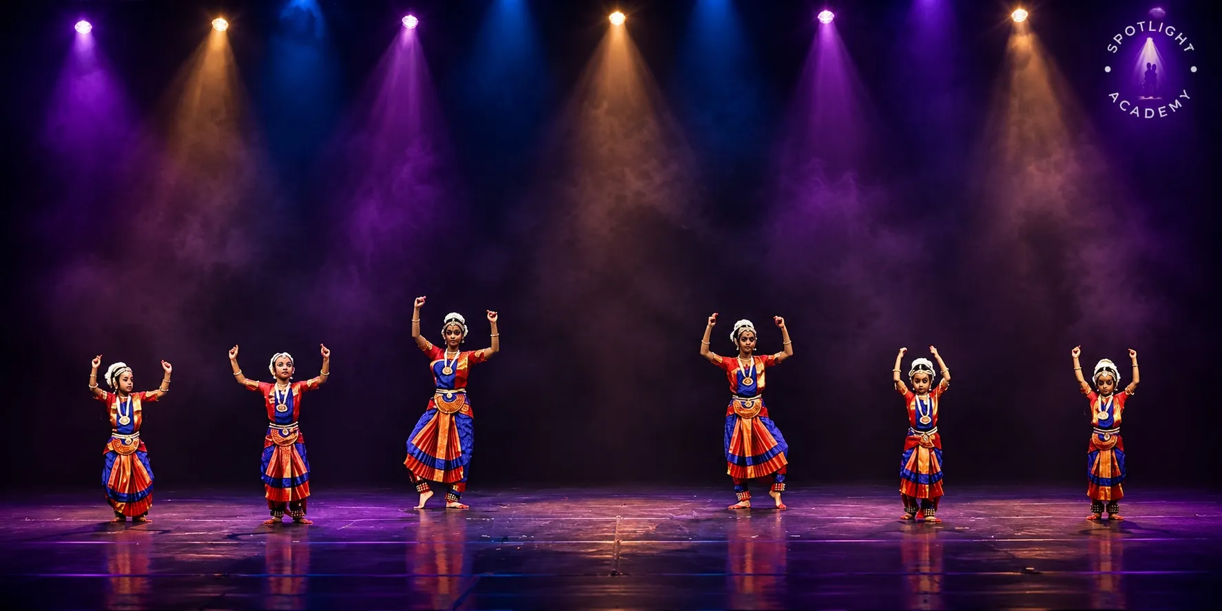 Group of Bharatanatyam students performing together on a spotlit stage at Spotlight Academy, Spring & The Woodlands TX