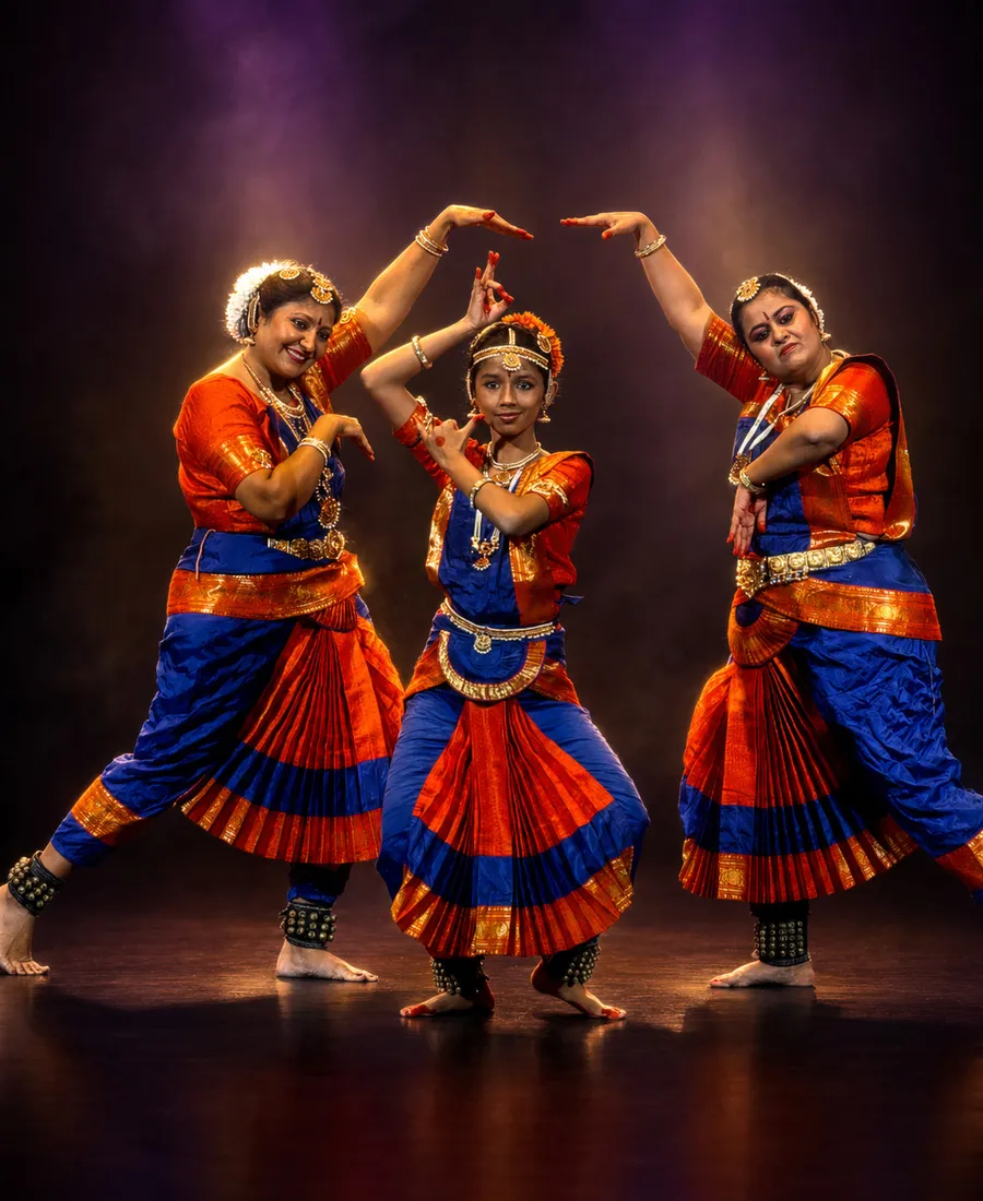 Bharatanatyam student performing on stage at Spotlight Academy in Spring and The Woodlands TX