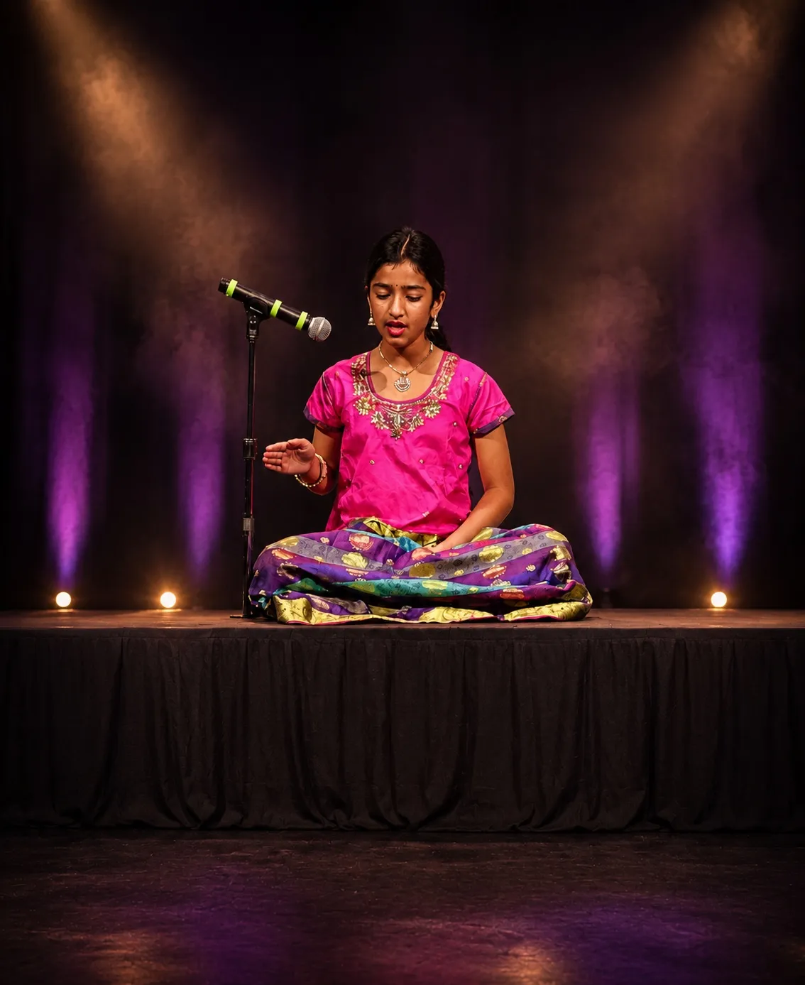 Carnatic vocal student singing on a spotlit stage at Spotlight Academy, Spring TX