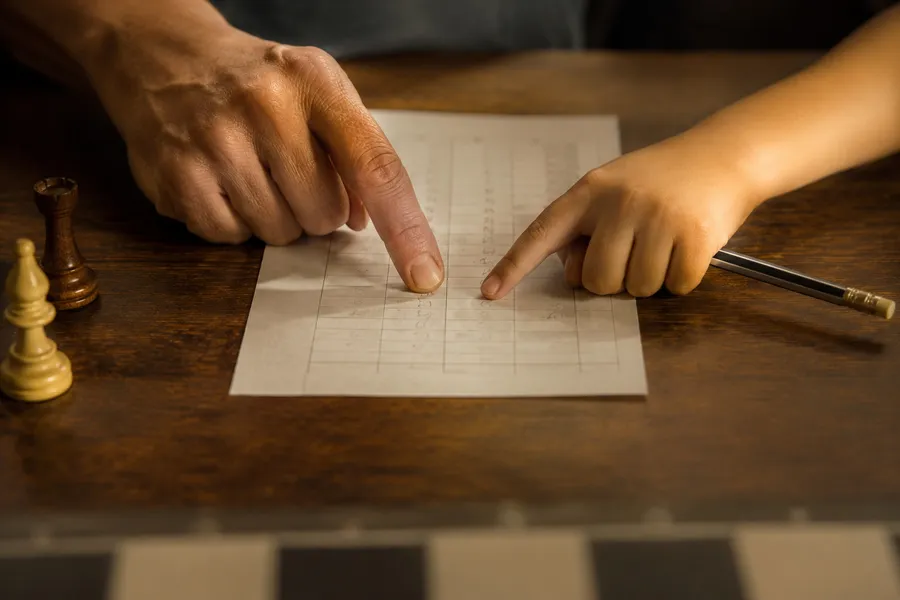 Mentor and child hands reviewing a chess scoresheet together, Spotlight Academy chess classes in Spring and The Woodlands TX