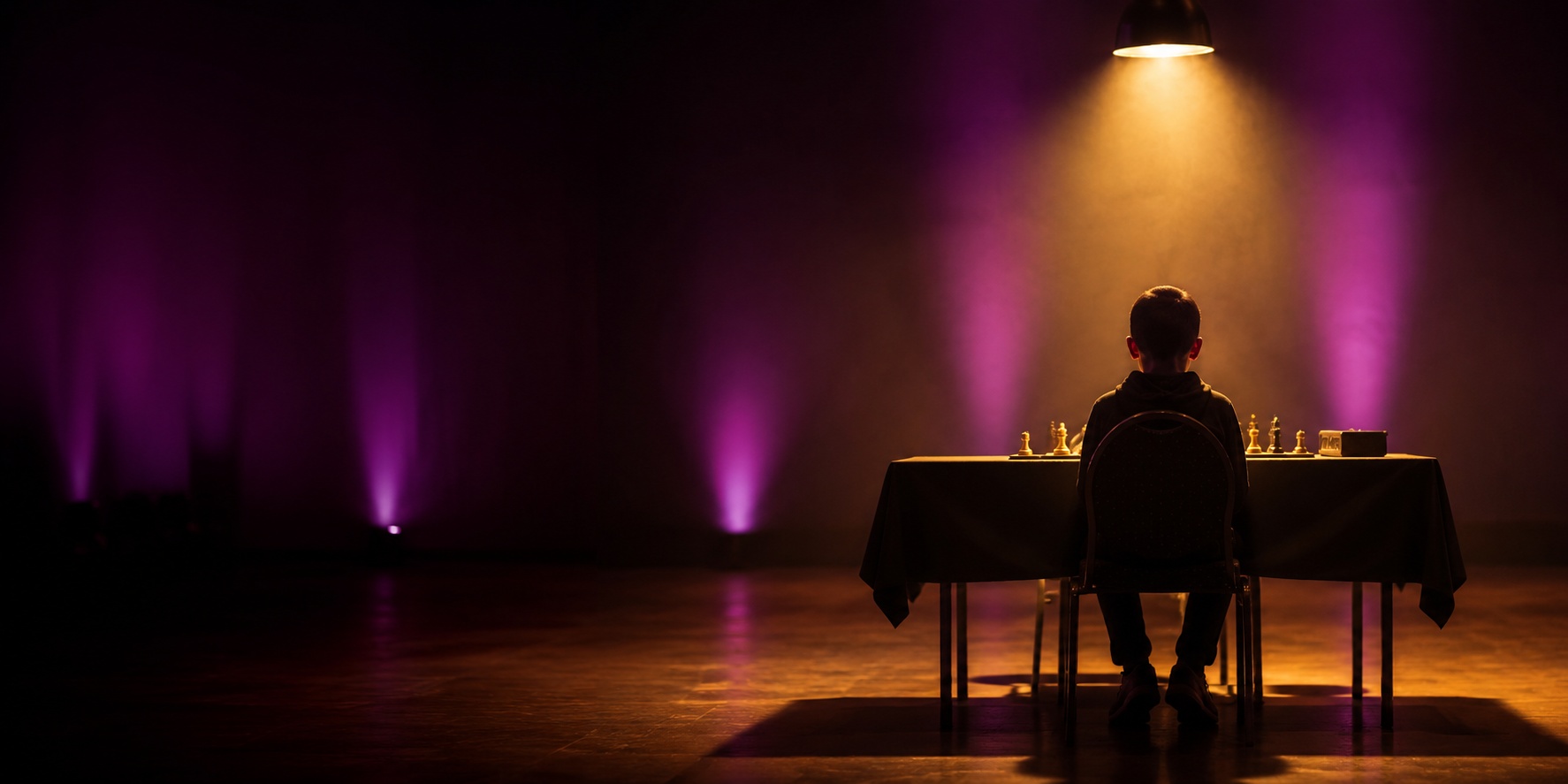 Child in silhouette at a chess board under a stage spotlight, Spotlight Academy chess classes in Spring and The Woodlands TX