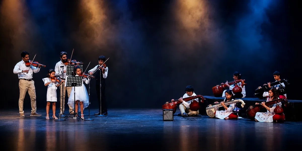 Violin ensemble and veena ensemble performing together on a lit stage at a Spotlight Academy showcase, The Woodlands TX