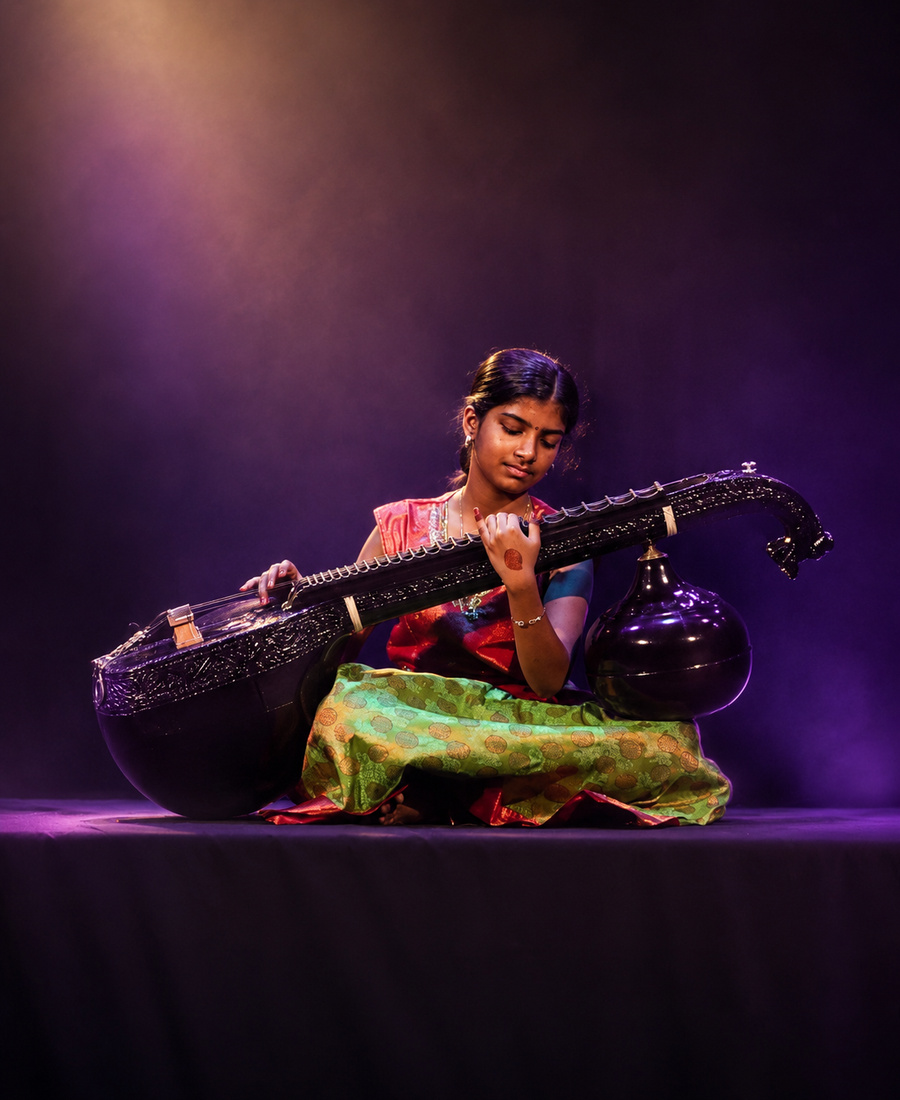 Veena student performing on a spotlit stage at Spotlight Academy, Spring TX
