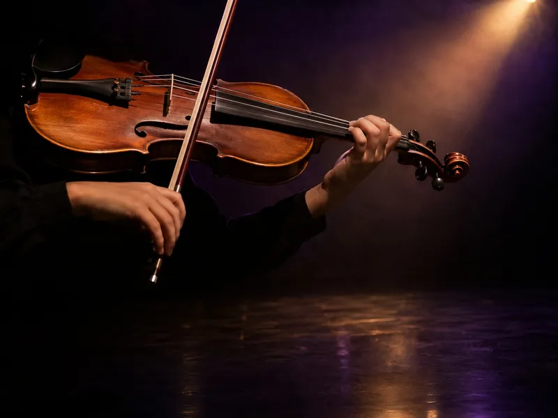 Violin and bow lit by a gold stage spotlight - violin lessons at Spotlight Academy, Spring & The Woodlands TX