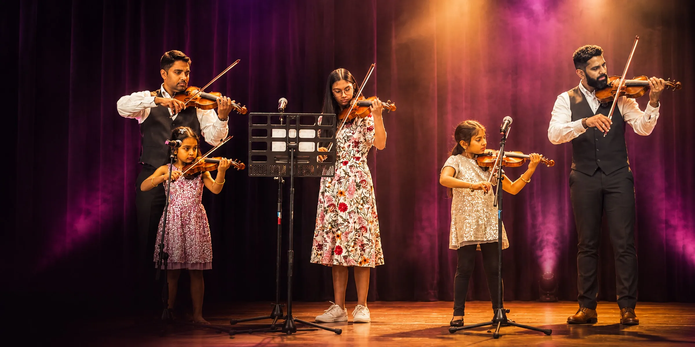 Violin players of all ages performing together on a spotlit stage, Spotlight Academy music lessons in Spring & The Woodlands TX