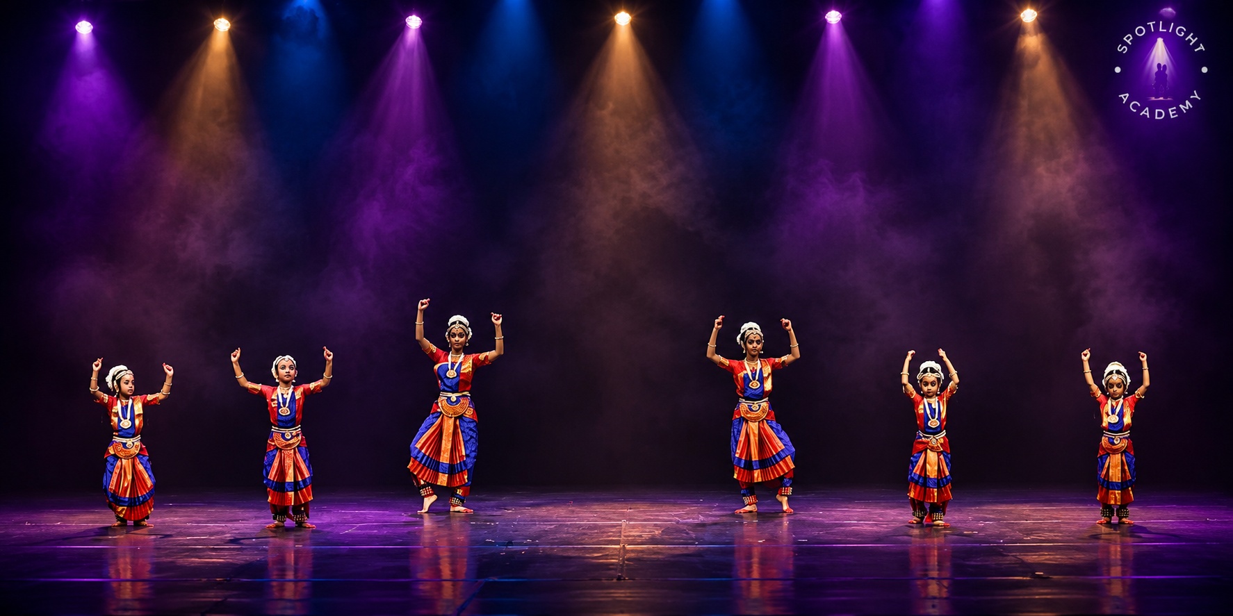 Group of Bharatanatyam students performing together on a spotlit stage at Spotlight Academy, Spring & The Woodlands TX